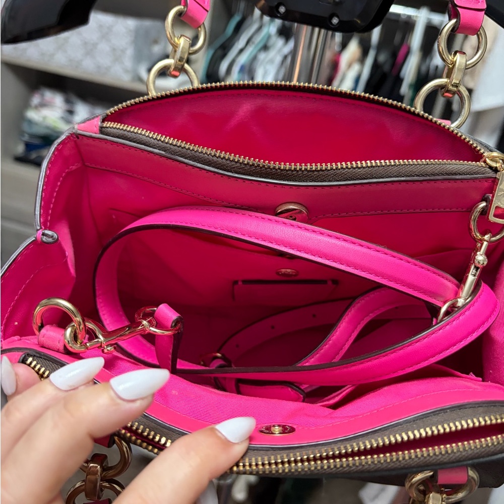 Coach Brown Signature Satchel with Bright Pink Trim - Picture 4 of 9